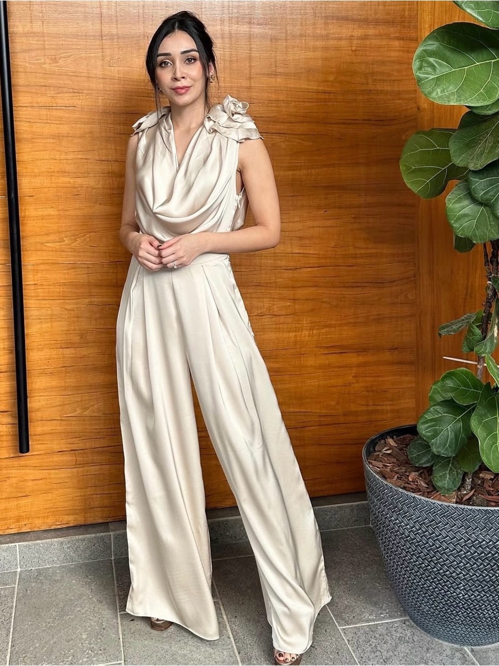 ASOS Cream Draped Cowl-Neck Wide-Leg Jumpsuit